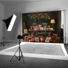 Lofaris Moody Rustic Christmas Photography Backdrop Dark Wood Room with Presents Natural Holiday Mini Session Background