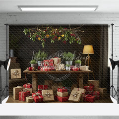 Lofaris Moody Rustic Christmas Photography Backdrop Dark Wood Room with Presents Natural Holiday Mini Session Background