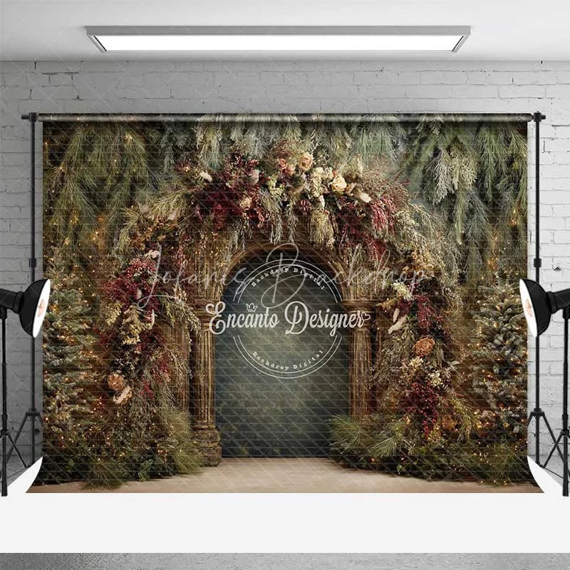 Lofaris Moody Rustic Wood Arch Backdrop Dried Floral Winter Forest Photography Background