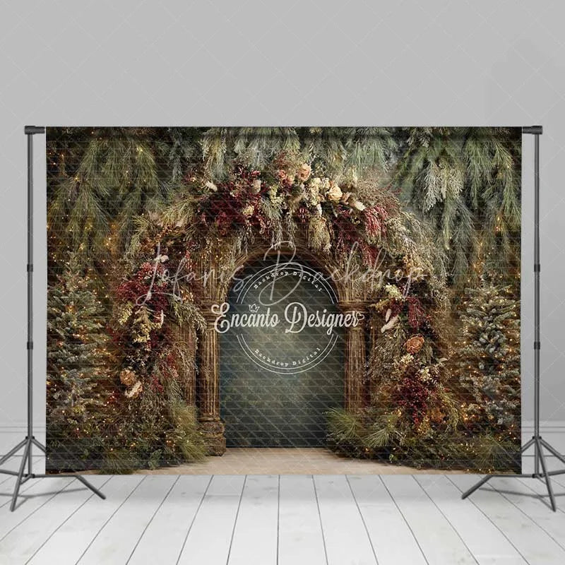 Lofaris Moody Rustic Wood Arch Backdrop Dried Floral Winter Forest Photography Background