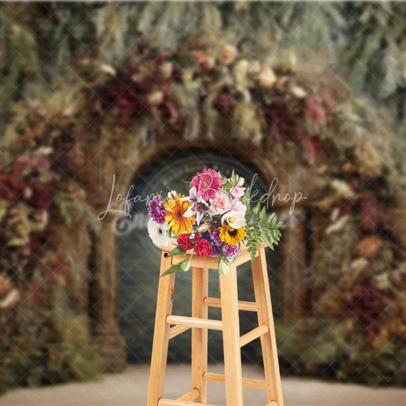 Lofaris Moody Rustic Wood Arch Backdrop Dried Floral Winter Forest Photography Background