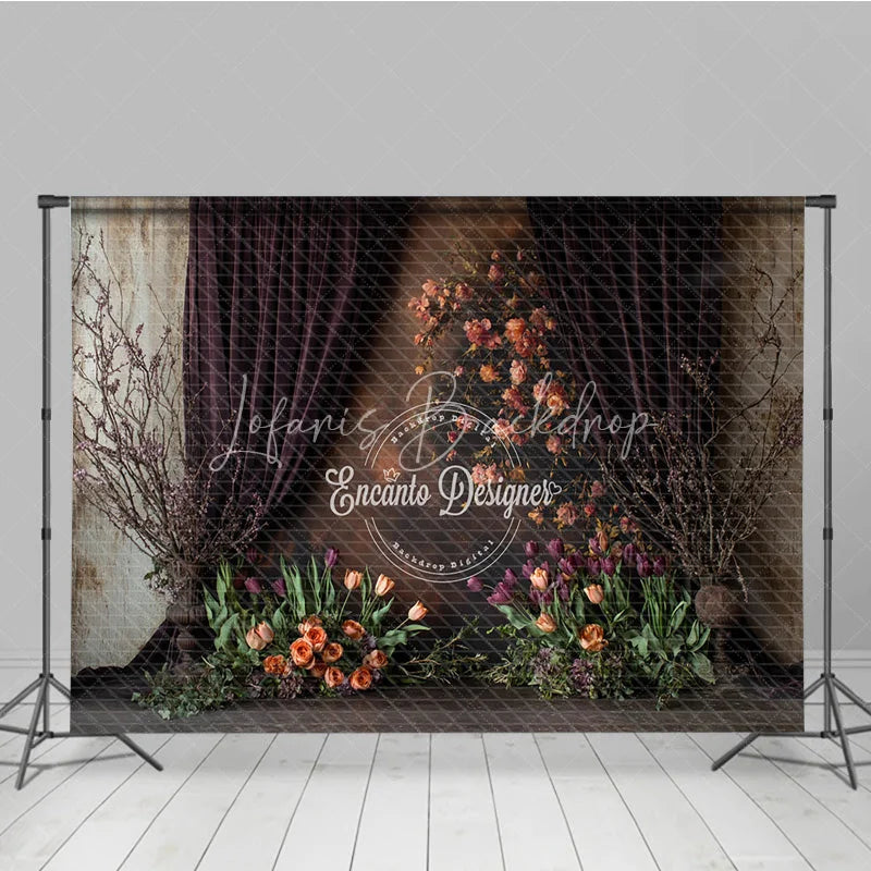 Lofaris Moody Tulip Photography Backdrop Fine Art Floral with Orange and Purple Dark Painterly Portrait Background