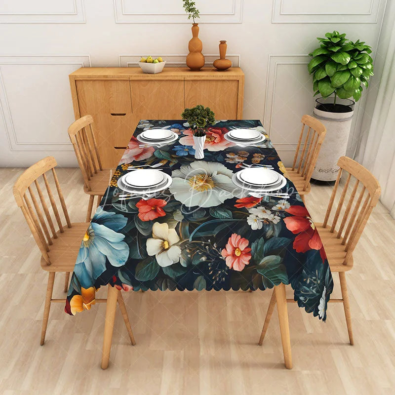 Lofaris Moody White Magnolia Rectangle Tablecloth Dramatic Red Floral Dark Table Cover Elegant Wedding Party Decor