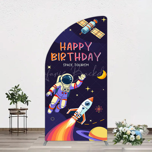 Lofaris Moon Astronaut Purple Galaxy Birthday Half Arch Backdrop