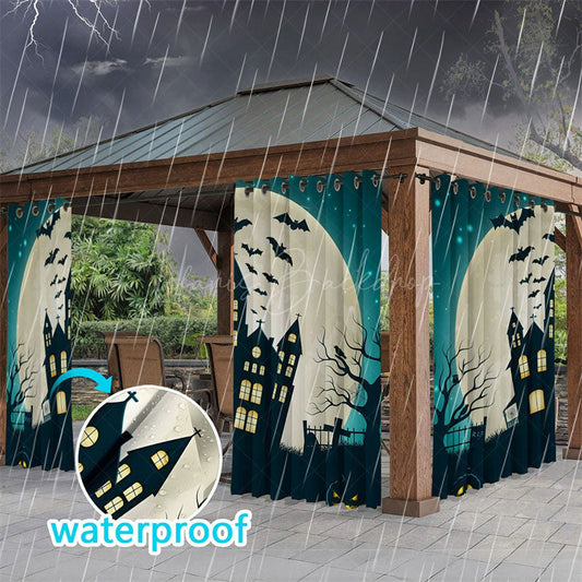 Lofaris Moon Castle Bats Waterproof Printed Outdoor Curtains