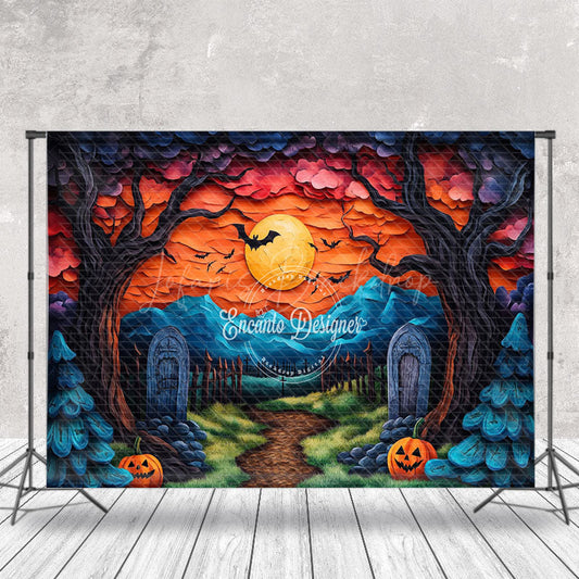 Lofaris Moon Night Cemetery Brown Trunk Halloween Backdrop