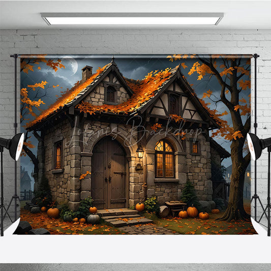 Lofaris Moon Night Stone House Pumpkin Autumn Photo Backdrop