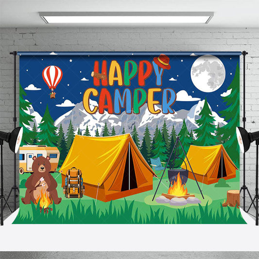 Lofaris Moon Night Wild Forest Bear Happy Camper Backdrop