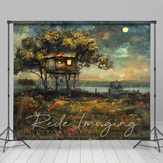 Lofaris Moon Starry Sky Tree House Grassland Summer Backdrop