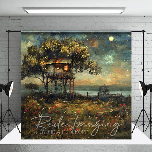 Lofaris Moon Starry Sky Tree House Grassland Summer Backdrop