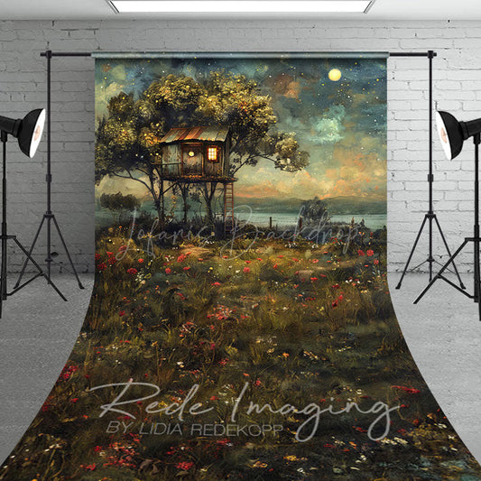 Lofaris Moon Starry Sky Tree House Grassland Sweep Backdrop
