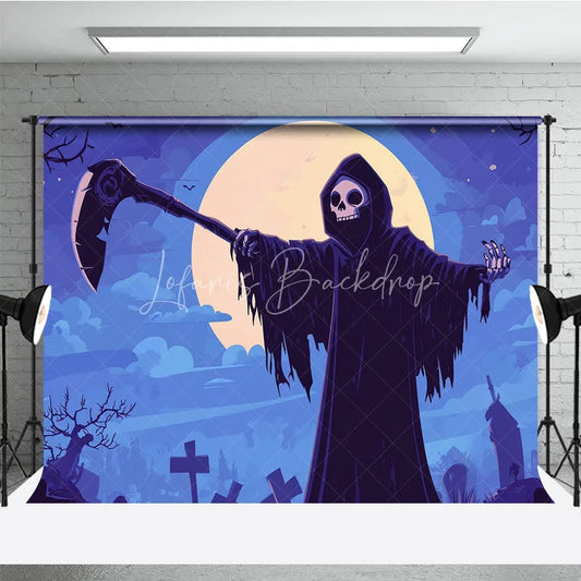Lofaris Moonlit Graveyard Grim Reaper Holiday Backdrop with Scythe Spooky Halloween Party Decor