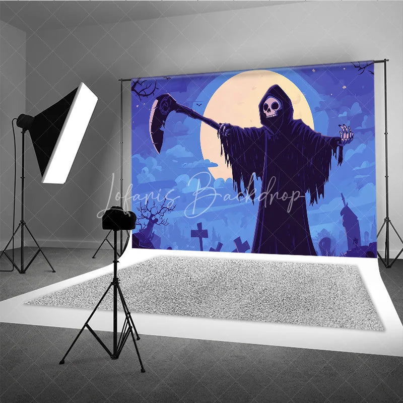 Lofaris Moonlit Graveyard Grim Reaper Holiday Backdrop with Scythe Spooky Halloween Party Decor