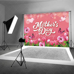 Lofaris Mother’s Day Backdrop Pink Tulips and Butterflies Soft Bokeh Floral Photography Background