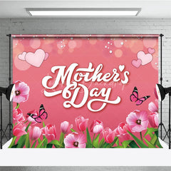 Lofaris Mother’s Day Backdrop Pink Tulips and Butterflies Soft Bokeh Floral Photography Background