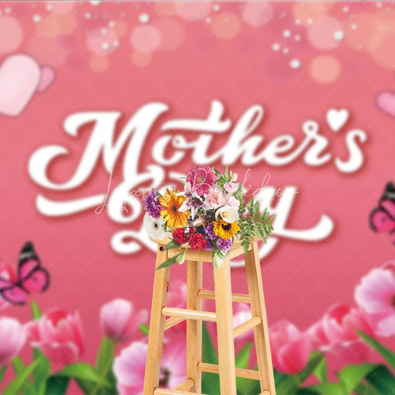 Lofaris Mother’s Day Backdrop Pink Tulips and Butterflies Soft Bokeh Floral Photography Background