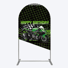 Lofaris Motorcycle Happy Birthday Arch Backdrop Green Racing Superbike and Checkered Flag Boys Biker Themed Party Decor