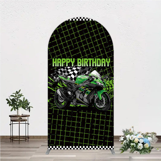 Lofaris Motorcycle Happy Birthday Arch Backdrop Green Racing Superbike and Checkered Flag Boys Biker Themed Party Decor