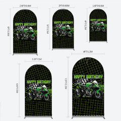 Lofaris Motorcycle Happy Birthday Arch Backdrop Green Racing Superbike and Checkered Flag Boys Biker Themed Party Decor