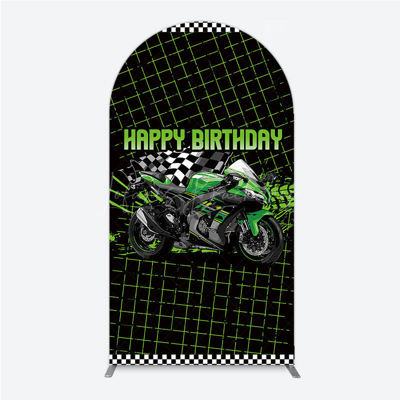 Lofaris Motorcycle Happy Birthday Arch Backdrop Green Racing Superbike and Checkered Flag Boys Biker Themed Party Decor