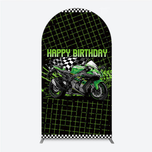 Lofaris Motorcycle Happy Birthday Arch Backdrop Green Racing Superbike and Checkered Flag Boys Biker Themed Party Decor