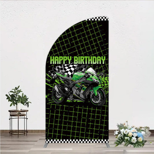 Lofaris Motorcycle Happy Birthday Half Moon Arch Backdrop Green Racing Superbike and Checkered Flag Boys Biker Themed Party Decor