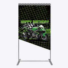 Lofaris Motorcycle Happy Birthday Rectangle Backdrop Green Racing Superbike and Checkered Flag Boys Biker Themed Party Decor