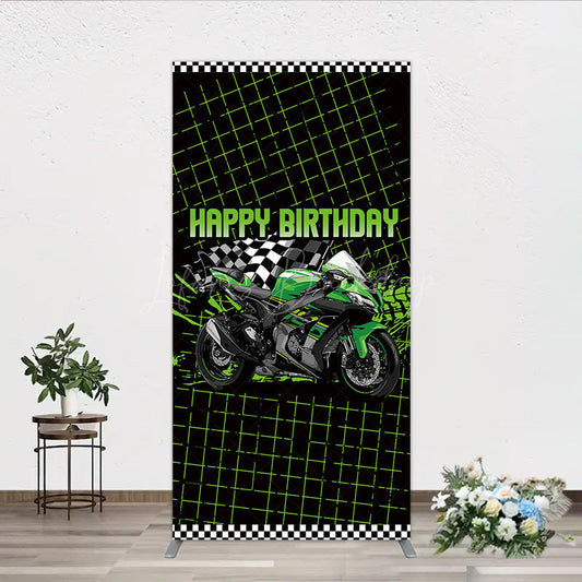 Lofaris Motorcycle Happy Birthday Rectangle Backdrop Green Racing Superbike and Checkered Flag Boys Biker Themed Party Decor