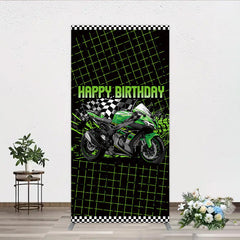 Lofaris Motorcycle Happy Birthday Rectangle Backdrop Green Racing Superbike and Checkered Flag Boys Biker Themed Party Decor