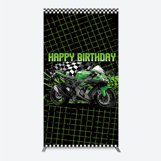 Lofaris Motorcycle Happy Birthday Rectangle Backdrop Green Racing Superbike and Checkered Flag Boys Biker Themed Party Decor