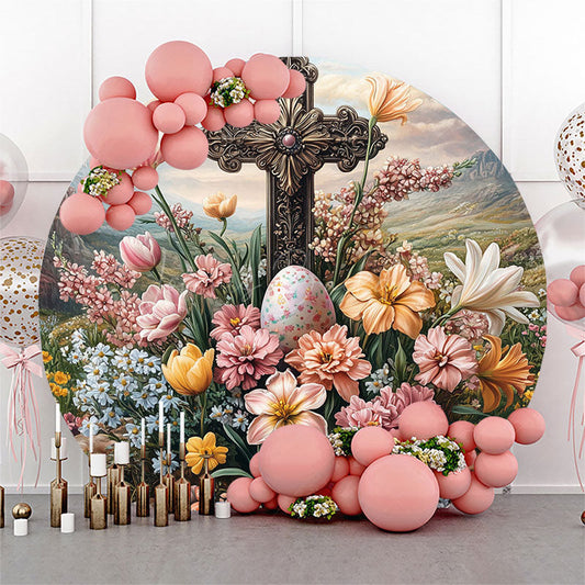 Lofaris Mountain Floral Eggs Cross Round Easter Backdrop