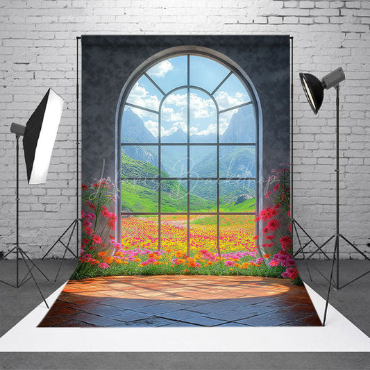 Lofaris Mountain Floral Scene Arched Windows Photo Backdrop