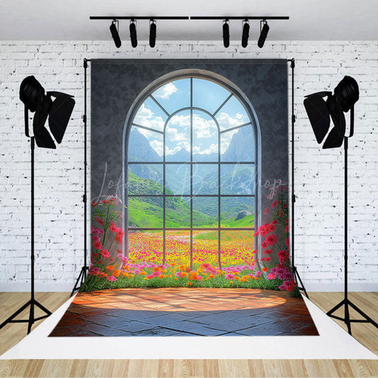 Lofaris Mountain Floral Scene Arched Windows Photo Backdrop