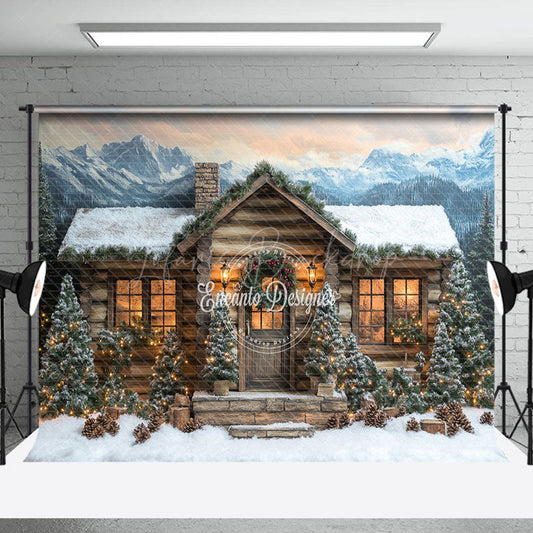 Lofaris Mountain-Foot Lighted Wood House Winter Backdrop