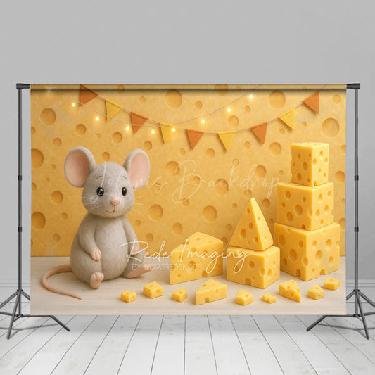 Lofaris Mouse Cheese Cartoon Flag Light Cake Smash Backdrop