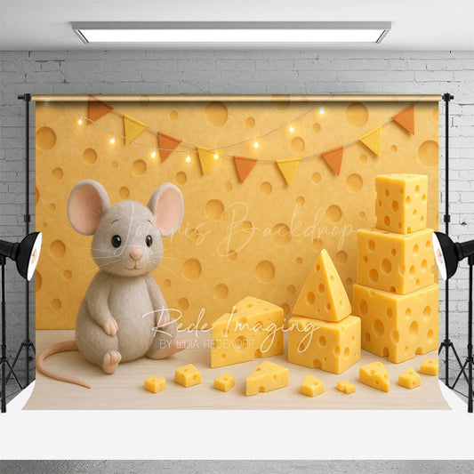 Lofaris Mouse Cheese Cartoon Flag Light Cake Smash Backdrop