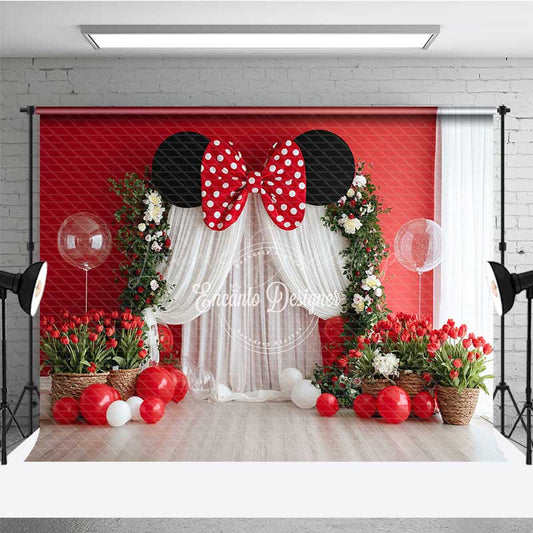 Lofaris Mouse Ear Inspired Cake Smash Backdrop Red and White Polka Dot Bow Floral Arch with Balloons Photo Prop