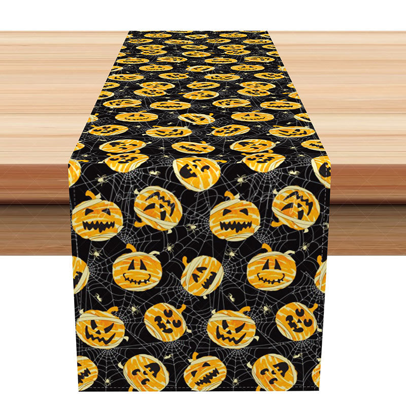 Lofaris Mummy Pumpkin Table Runner with Spider Web for Funny and Spooky Halloween Party Decorations