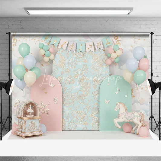 Lofaris Musical Carousel and Pastel Clouds Backdrop Music Notes Horse Decor for Girl Birthday Party