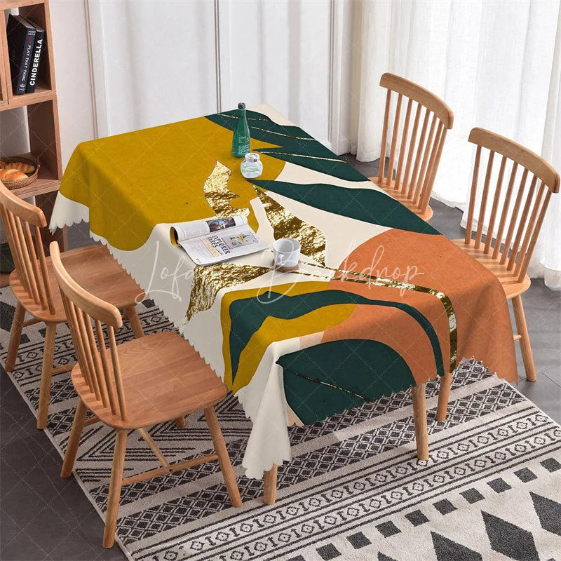 Lofaris Mustard Yellow Abstract Botanical Rectangle Tablecloth with Green Leaves and Gold Accents Elegant Dining Decor
