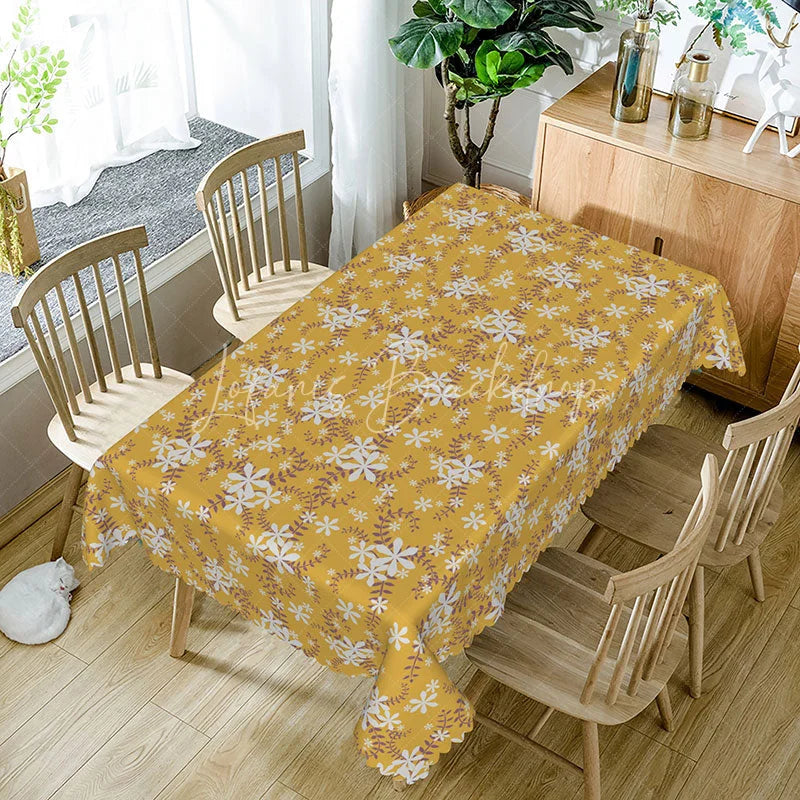 Lofaris Mustard Yellow Floral Rectangle Tablecloth White Vine Pattern for Fall Thanksgiving Dining Room Decoration