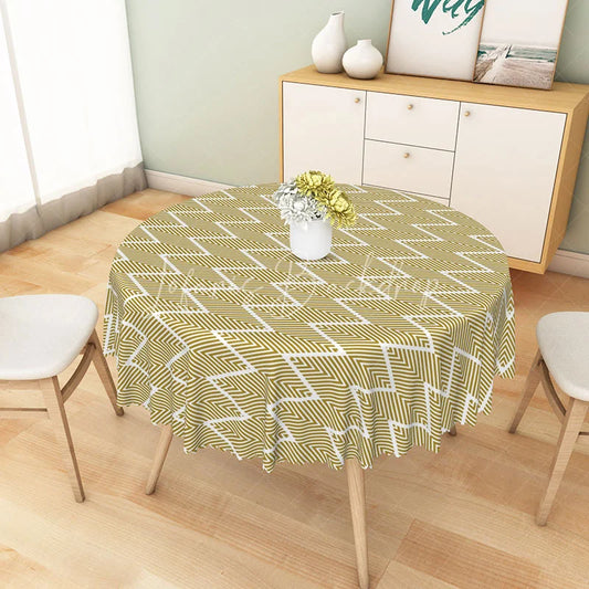 Lofaris Mustard Yellow Geometric Chevron Round Tablecloth Modern Zigzag Line Table Cover for Kitchen Decor