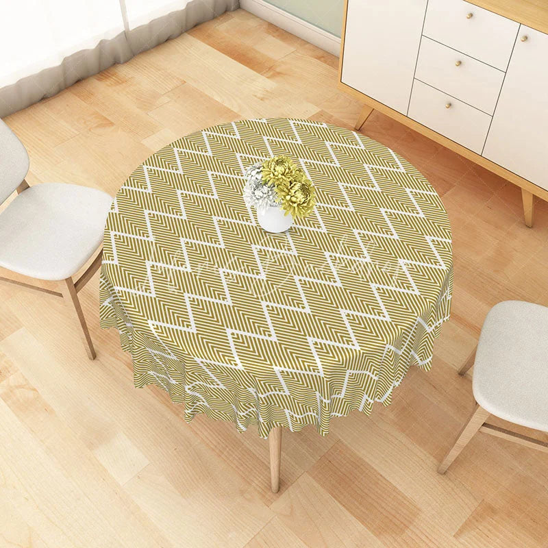 Lofaris Mustard Yellow Geometric Chevron Round Tablecloth Modern Zigzag Line Table Cover for Kitchen Decor