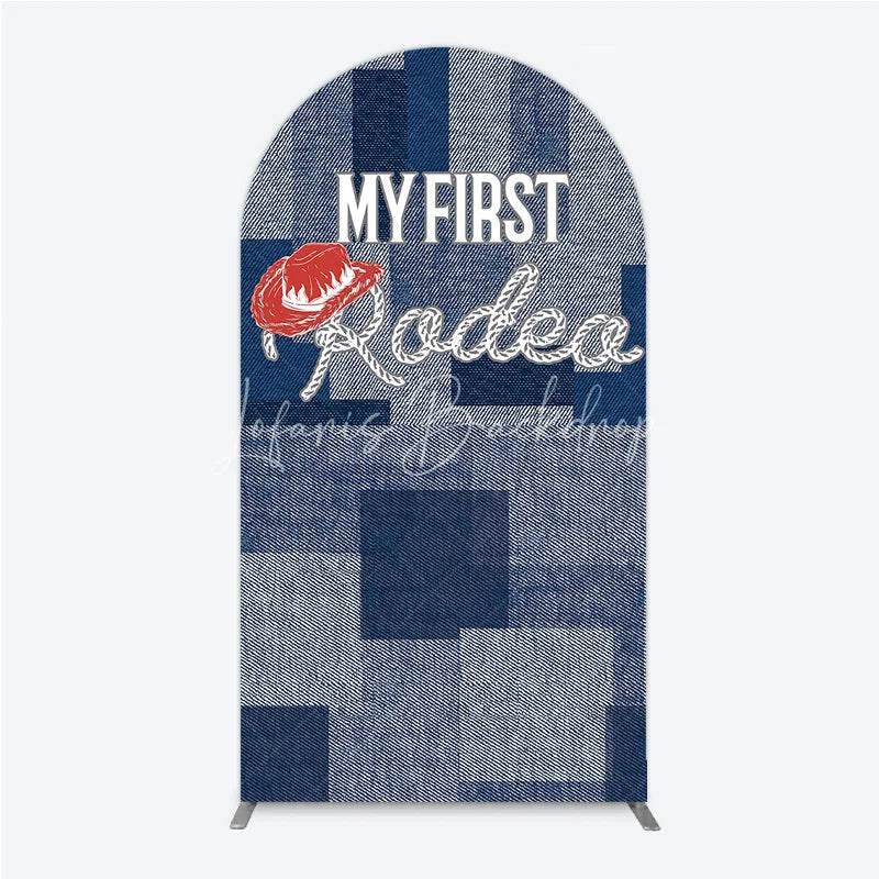 Lofaris My First Rodeo Birthday Arch Backdrop Western Cowboy Theme with Denim Print Boy’s 1st Party