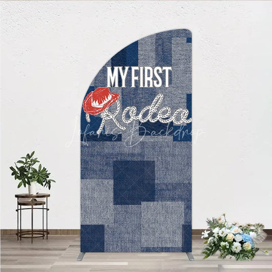 Lofaris My First Rodeo Birthday Half Moon Arch Backdrop Western Cowboy Theme with Denim Print Boy’s 1st Party