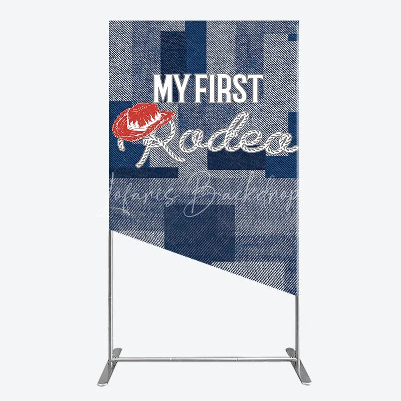 Lofaris My First Rodeo Birthday Rectangle Backdrop Western Cowboy Theme with Denim Print Boy’s 1st Party