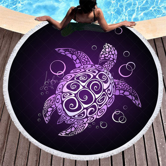 Lofaris Mysterious Black Purple Turtle Round Beach Towel