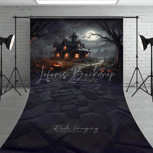 Lofaris Mysterious Haunted House and Full Moon Halloween Sweep Backdrop with Flying Bats Spooky Jack-o’-Lantern Night Decor.