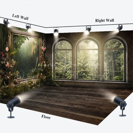 Lofaris Mysterious Misty Forest Window View Room Set Backdrop Gothic Arched Photography Background