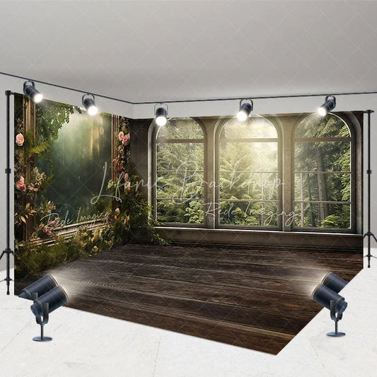 Lofaris Mysterious Misty Forest Window View Room Set Backdrop Gothic Arched Photography Background